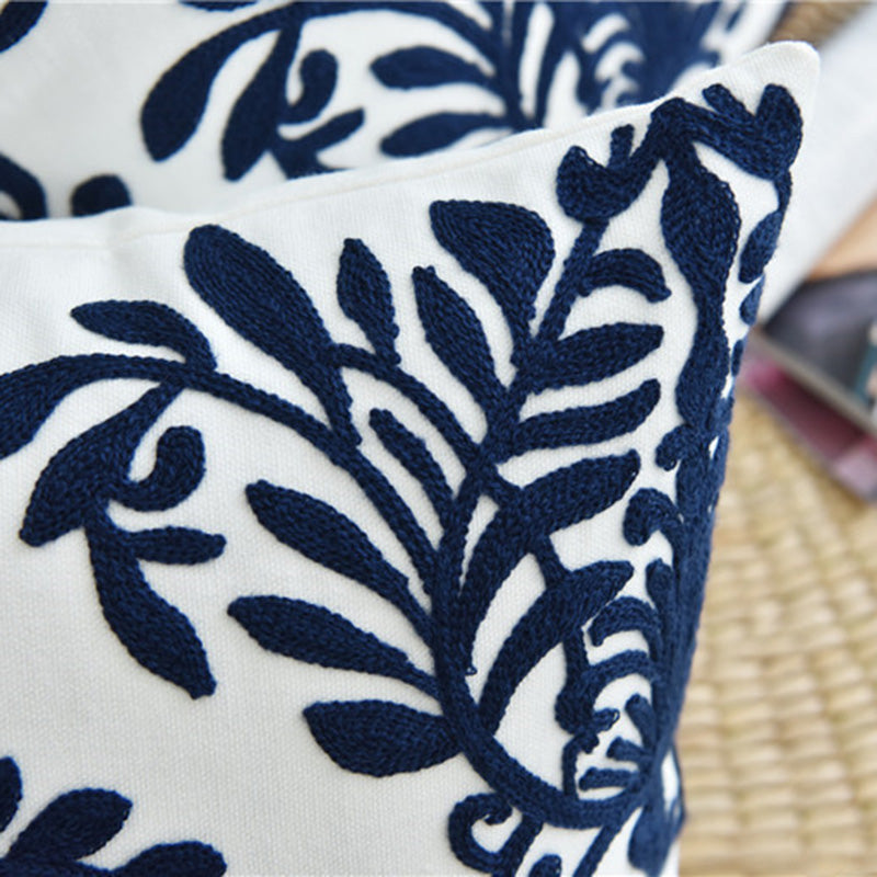 British Blue Floral Embroidered Pillow Cover