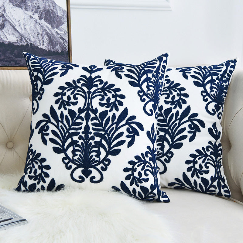 British Blue Floral Embroidered Pillow Cover
