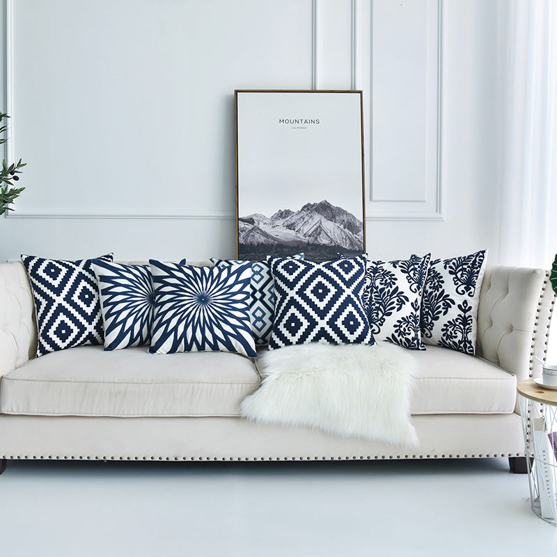 British Blue Leaf Embroidered Pillow Cover