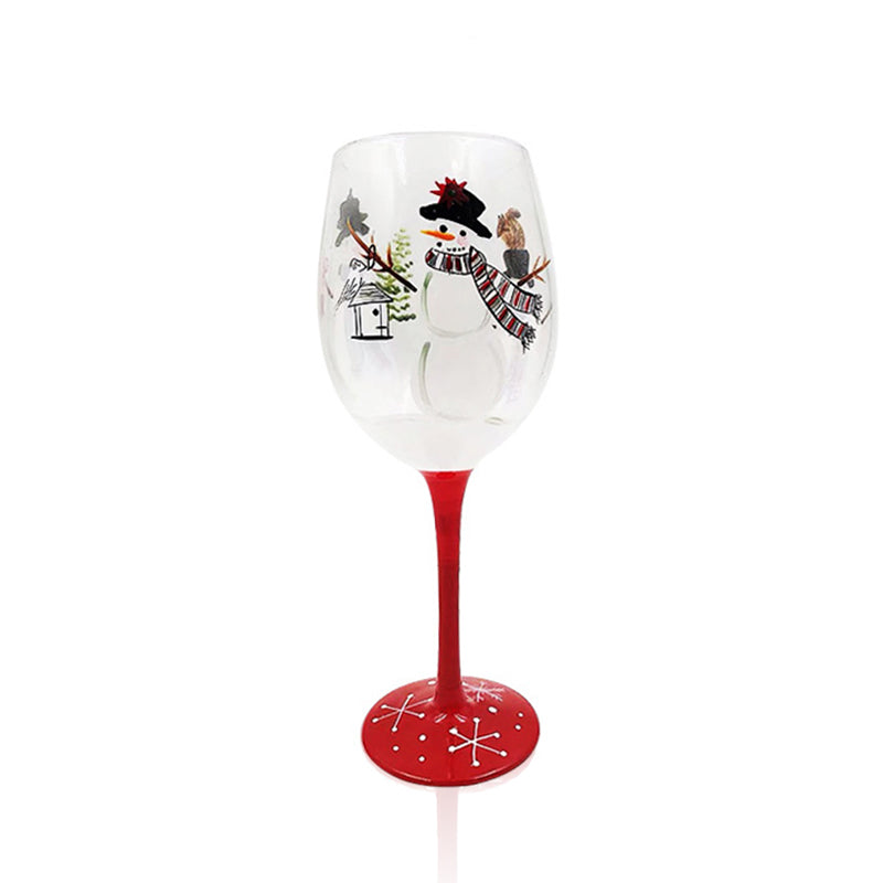 Mattanah Winter Wine Glass | Handcrafted & Hand Painted Wine Glass  Collection | Vintage Nordic Bartender | 3 Snowy Snowman, Red & White Theme 