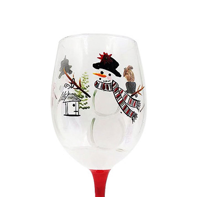 Mattanah Winter Wine Glass | Handcrafted & Hand Painted Wine Glass  Collection | Vintage Nordic Bartender | 3 Snowy Snowman, Red & White Theme  - Beit Collections