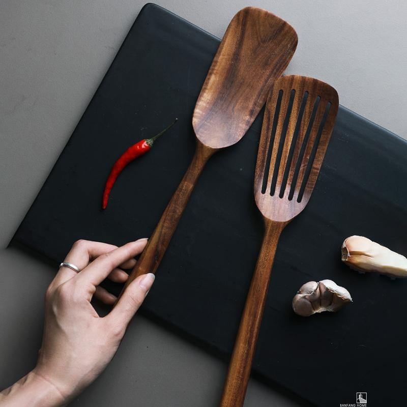 Natural Teak Long Handle Slotted Spatula - TOV Collection