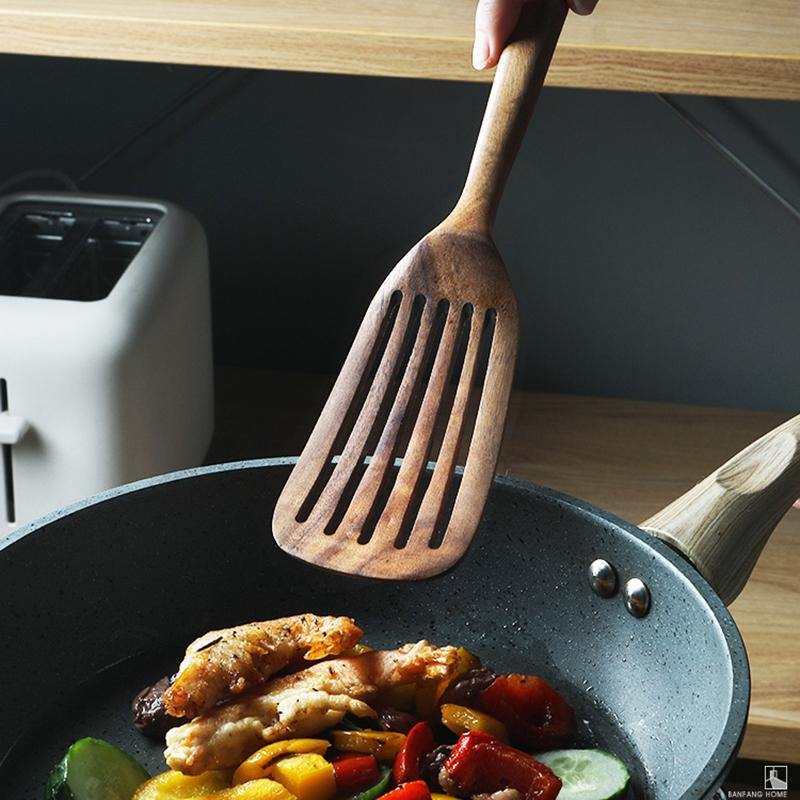 Natural Teak Long Handle Slotted Spatula - TOV Collection