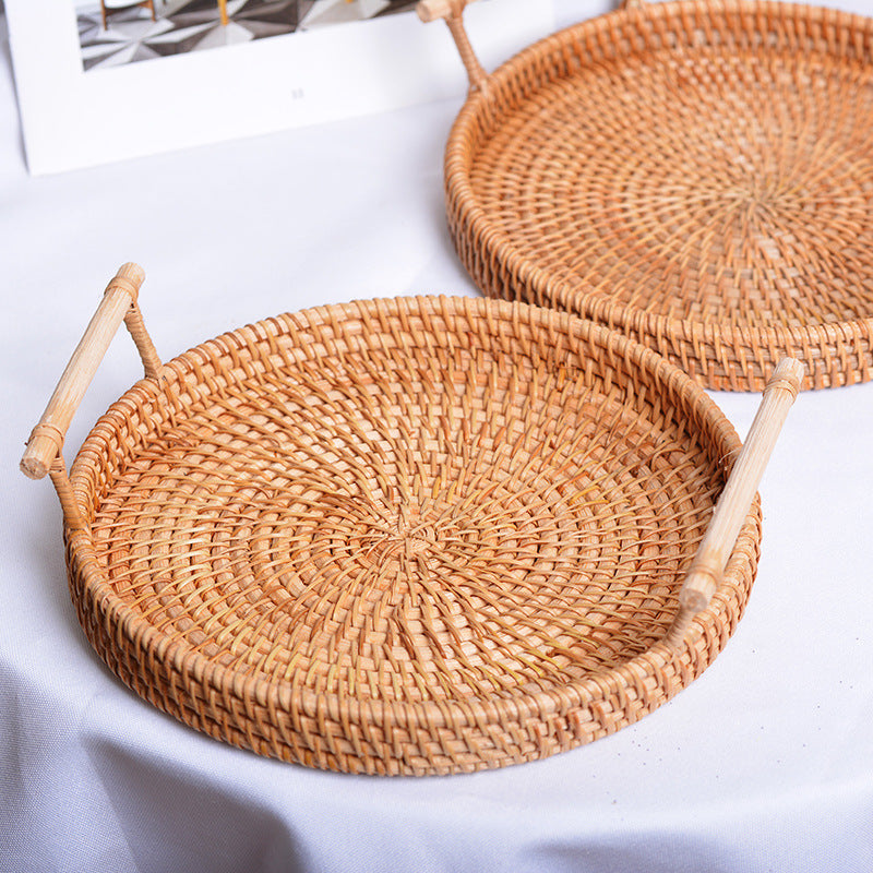 Reena Natural Round Rattan Tray With Handles
