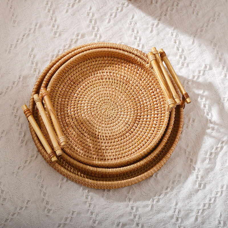 Reena Natural Round Rattan Tray With Handles