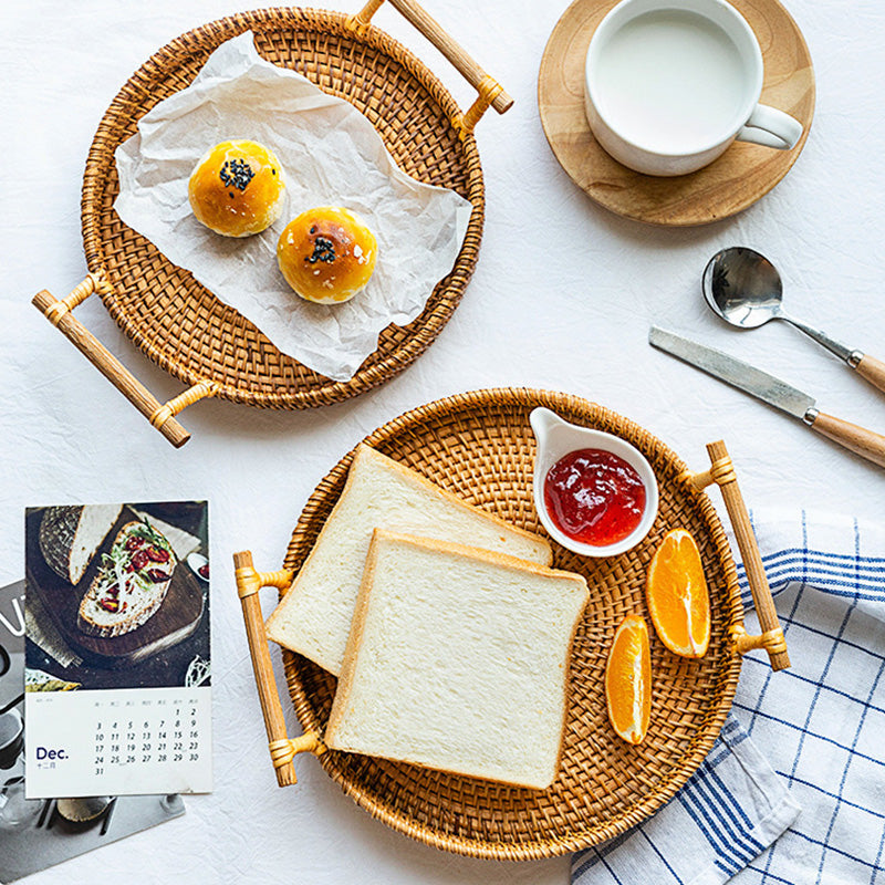 Reena Natural Round Rattan Tray With Handles