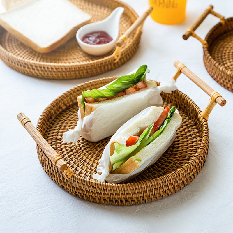 Reena Natural Round Rattan Tray With Handles