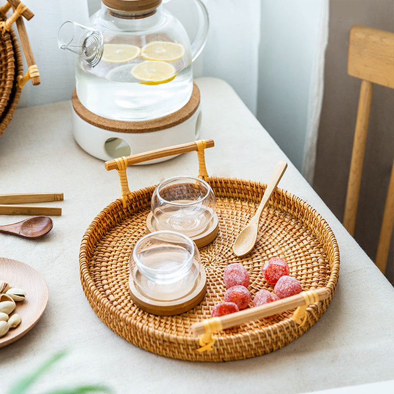 Reena Natural Round Rattan Tray With Handles