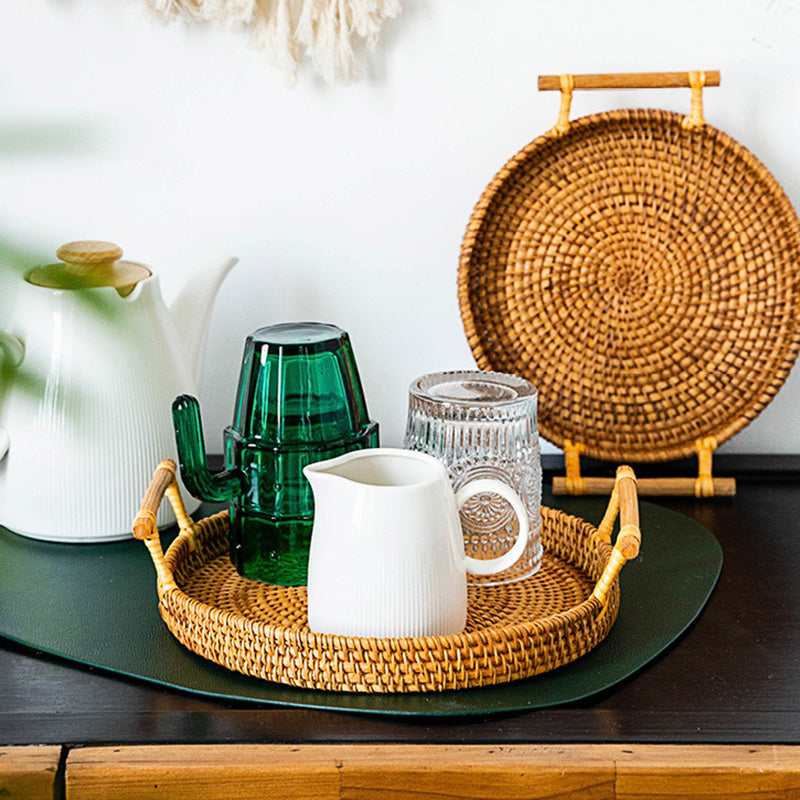 Reena Natural Round Rattan Tray With Handles