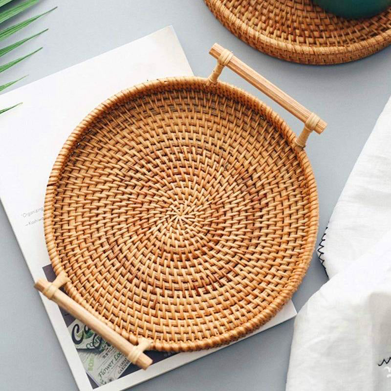 Reena Natural Round Rattan Tray With Handles
